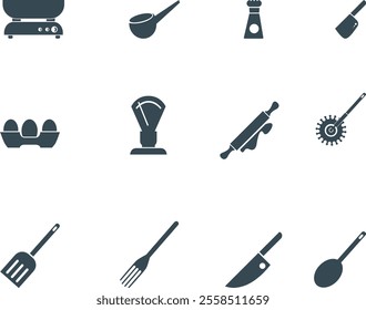 Set of ine icons related to kitchen tools, supplies, spoon, fork, knife, spatula, whisk, brush, pan,