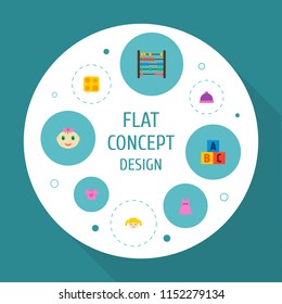 Set of infant icons flat style symbols with winter hat, beads, doll and other icons for your web mobile app logo design.