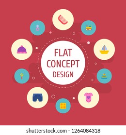 Set of infant icons flat style symbols with body dress, baby shorts, train and other icons for your web mobile app logo design.