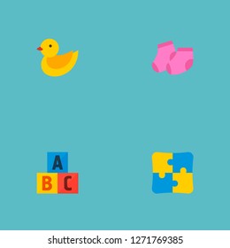 Set of infant icons flat style symbols with duck toy, education toys, socks and other icons for your web mobile app logo design.