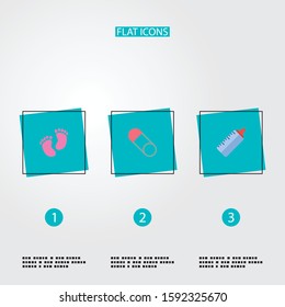 Set of infant icons flat style symbols with brooch, baby bottle, baby feet and other icons for your web mobile app logo design.