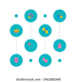 Conjunto de iconos infantiles símbolos de estilo plano con guantes, tren, rompecabezas y otros iconos para el diseño del logo de la aplicación móvil web.
