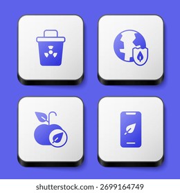 Conjunto de residuos infecciosos, Tierra con escudo, Apple y el icono de la hoja del teléfono móvil. Botón cuadrado blanco. Vector