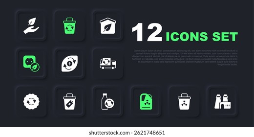 Set Infectious waste, Factory production, Water energy, Radioactive in barrel, Electrical outlet, Trash can, Recycle bin and Recycling plastic bottle icon. Vector