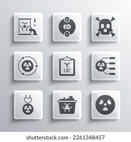 Set Infectious waste, Radioactive, Radiation warning document, electrical plug, barrel and Bones and skull icon. Vector