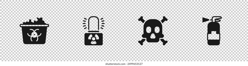 Set Infectious waste, Radioactive warning lamp, Bones and skull and Fire extinguisher icon. Vector