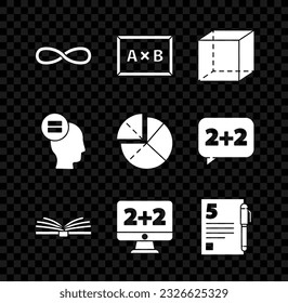 Set Infinity, Chalkboard, Geometric figure Cube, Open book, Equation solution, Test or exam sheet and, Calculation and Graph, schedule, chart, diagram icon. Vector