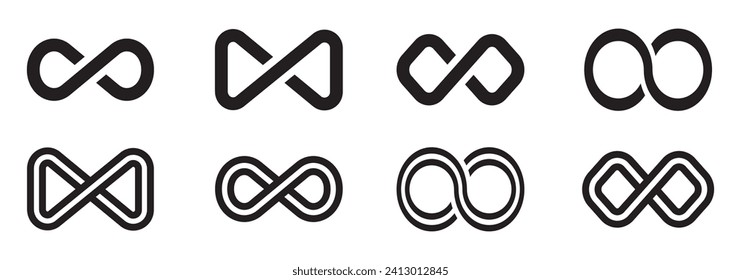 Set of infinity icons. Infinity loop symbols, unlimited infinity. Endless, eternal, limitless. Life, infinity circle, cycle. Vector illustration. EPS10.