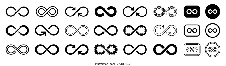 Set of infinity icons. Unlimited, infinite, endless, forever and loop repetition icon collection. Vector symbol illustration.