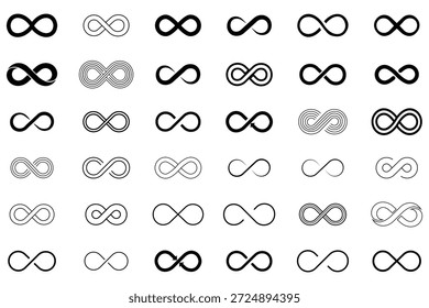 Conjunto de iconos de infinito Vector, símbolo de infinito y signo. Conjunto de iconos infinitos y estilo de línea relleno. Ilustración vectorial de 36 iconos.