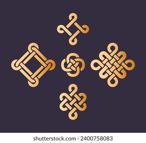 Set Infinity knot of longevity and health, a sign of good luck. Gold Antique Asian or Celtic medieval style interlaced pattern. Feng Shui. Chinese New Year. Magic symbol. For stickers, design elements
