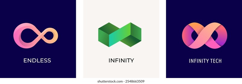 Set of Infinity logos, mobius ribbon symbols, icons. Infinity 3D, modern minimalist style. Colorful vector design. Concept illustrations