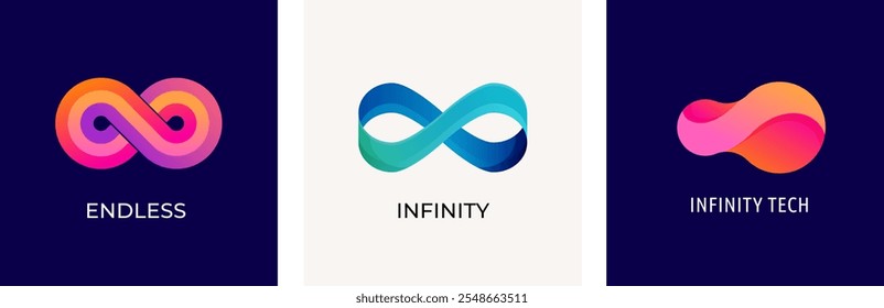 Set of Infinity logos, mobius ribbon symbols, icons. Infinity 3D, modern minimalist style. Colorful vector design. Concept illustrations