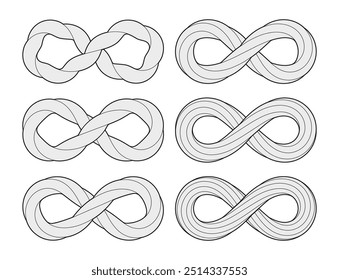 Set of Infinity signs from different types of twisted rods. Stylized tattoo designs with mobius strip symbols. Vector illustration with editable outlines isolated on white background.