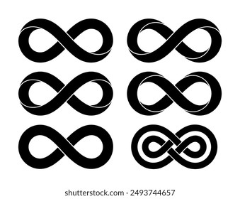 Set of Infinity signs made of different types of torsion and intersection. Stylized tattoo design with mobius strip symbols. Vector illustration isolated on white background.