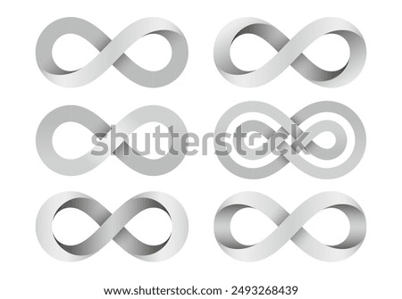 Set of Infinity signs made of different types of torsion and intersection. Mobius strip symbols. Vector illustration isolated on a white background.