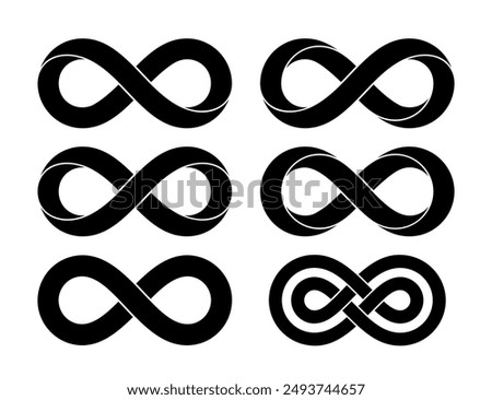 Set of Infinity signs made of different types of torsion and intersection. Stylized tattoo design with mobius strip symbols. Vector illustration isolated on white background.