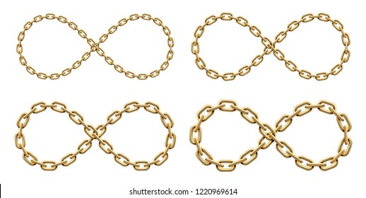 Set of Infinity signs made of golden chains of different widths. Mobius strip symbol. Vector realistic illustration isolated on a white background.