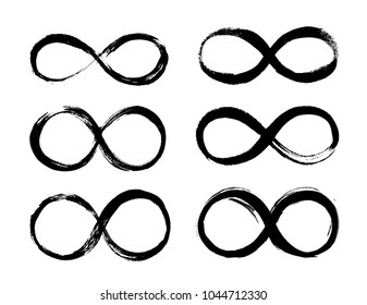 Set of Infinity symbol. Eternal, limitless emblem. Black mobius ribbon silhouette. Grunge brush stroke. Cycle, endless, life concept. Vector illustration. Graphic design element, logo, tattoo