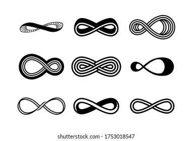 Conjunto de símbolos infinitos. Contornos negros de diferentes formas, grosor y estilo aislados en fondo blanco. Símbolo de la repetición y la cilicidad ilimitada. Vector de dibujos animados Ilustración monocroma