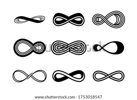 Set of Infinity Symbols. Black Contours of Different Shapes, Thickness and Style Isolated on White Background. Symbol of Repetition and Unlimited Cyclicity. Cartoon Vector Monochrome Illustration
