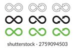Set of infinity symbols and circular arrows in green black and outline styles for continuous process and recycling concepts. Circular economy loops elements vector design.