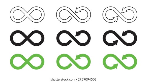 Conjunto de símbolos de infinito y flechas circulares en verde y negro y estilos de contorno para el proceso continuo y los conceptos de reciclaje. Economía circular bucles Elementos Vector diseño.