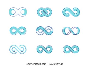 Set Infinity Symbols. Contoured Eight Signs of Different Shapes, Thickness and Simple Style Loops Isolated on White Background. Symbol of Repetition and Unlimited Cyclicity. Linear Vector Illustration