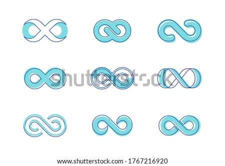Set Infinity Symbols. Contoured Eight Signs of Different Shapes, Thickness and Simple Style Loops Isolated on White Background. Symbol of Repetition and Unlimited Cyclicity. Linear Vector Illustration