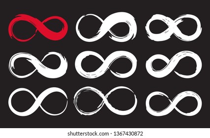 Set of infinity symbols hand painted with ink brush strokes and black paint. Vector illustration.