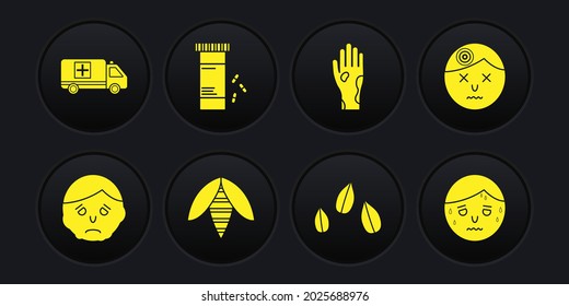 Set Inflammation on face, Man having headache, Bee, Sesame seeds, Hand with psoriasis or eczema, Medicine bottle pills, excessive sweating and Emergency car icon. Vector