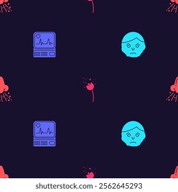 Set Inflammation on face, Monitor with cardiogram, Flower producing pollen and Runny nose on seamless pattern. Vector