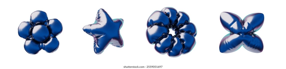 A set of inflatable 3D balloons with a heart, a star, a daisy and abstract shapes. Glossy vector graphics in metallic blue style for special occasions.