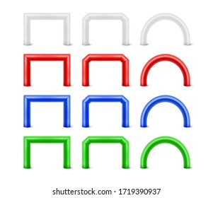 Conjunto de arco inflable. Plantilla para arco publicitario.Ilustración vectorial aislada. Ideal para eventos deportivos, maratones. Se puede utilizar como línea de comienzo o de fin. Blanco, rojo, verde, azul.