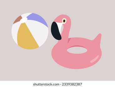 A set of inflatable beach accessories, a ball and a flamingo lifebuoy