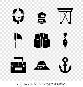 Set Inflatable boat, Fishing net with fish, Folding chair, Case container for wobbler, Fisherman hat, Anchor,  and jacket icon. Vector