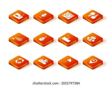 Set Inflatable boat, Fishing on water, Spinning reel for fishing, spoon, net with, float, Location and Hiking backpack icon. Vector