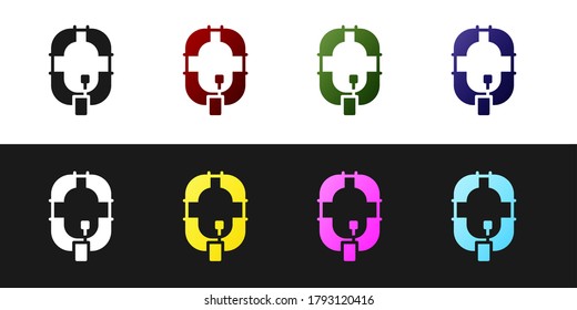 Set Inflatable boat icon isolated on black and white background. Rafting boat. Water sports, extreme sports, holiday, vacation. Vector