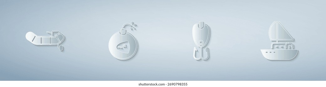 Set Inflatable boat with motor, Bomb, Fishing lure and Yacht sailboat. Paper art style. Vector