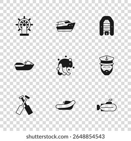 Set Inflatable boat with motor, Captain of ship, Submarine, Tsunami, Ship steering wheel, Speedboat and Jet ski icon. Vector