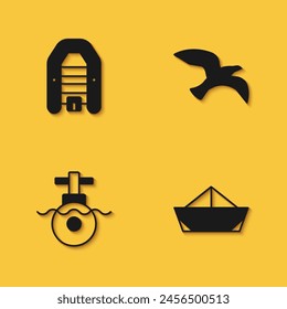 Set Barco inflable con motor, papel plegado, submarino e icono de gaviota pájaro con sombra larga. Vector
