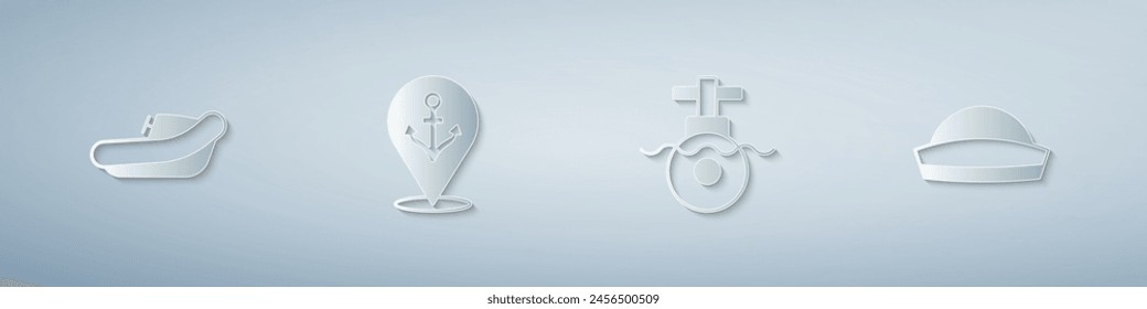 Set Inflatable boat with motor, Location anchor, Submarine and Sailor hat. Paper art style. Vector