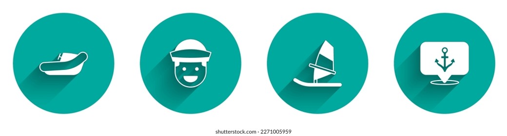 Set Inflatable boat with motor, Sailor, Windsurfing and Anchor icon with long shadow. Vector