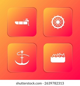 Set Inflatable boat with motor, Ship steering wheel, Anchor and Sharp stone reefs icon. Vector