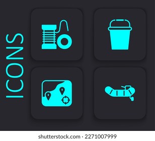 Set Inflatable boat with motor, Spinning reel for fishing, Fishing bucket and Location icon. Black square button. Vector