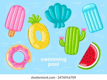 A set of inflatable circles and mattresses for swimming. Summer pool rubber rings. Ice cream, pineapple, shell, cactus, watermelon, donut. Inflatable rubber toy for water and beach. Vector hand draw