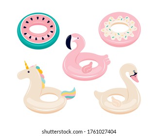 Set of inflatable floats for swimming in the shape of a Flamingo, unicorn, Swan, watermelon, donut. Water and beach colorful rubber toys isolated on a white background. Hand drawn vector illustration