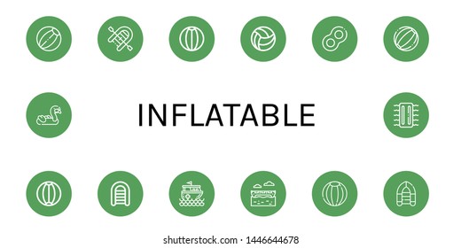 Set of inflatable icons such as Beach ball, Inflatable boat, Floats, Rescue boat, Banana boat, Inflatable ,
