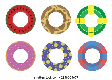 Un conjunto de boyas de vida inflables con varias imágenes sobre ellas (sandía, donut, patrones, jirafa) en un estilo plano. Imagen vectorial.