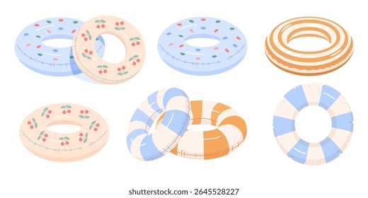 Set of inflatable lifebuoys in soft pastel blue, sand tones with cherry, polka dot, striped patterns. Vector cute illustration of single, stacked swimming rings for kids and adults. Side,  top views.